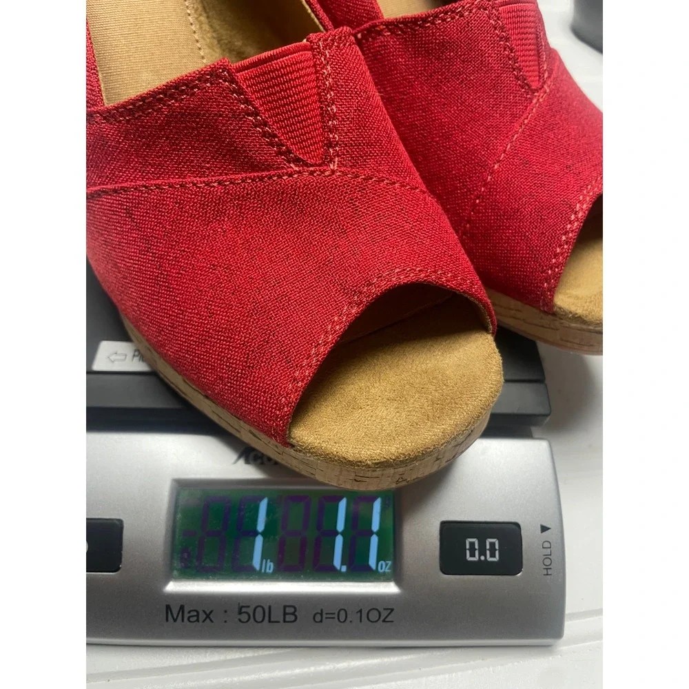 TOMS Classic Canvas Red Open Toe Espadille Cork Wedge Women's 9
